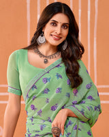 Vishal Prints Pastel Mint Green Printed Fancy Chiffon Saree With Fancy Border