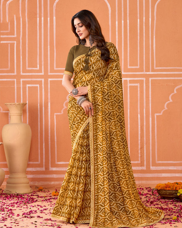 Vishal Prints Rusty Brown Printed Fancy Chiffon Saree With Fancy Border