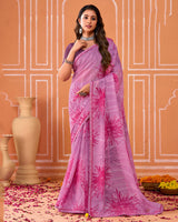 Vishal Prints Cadillac Pink Printed Fancy Chiffon Saree With Fancy Border