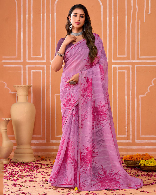 Vishal Prints Cadillac Pink Printed Fancy Chiffon Saree With Fancy Border
