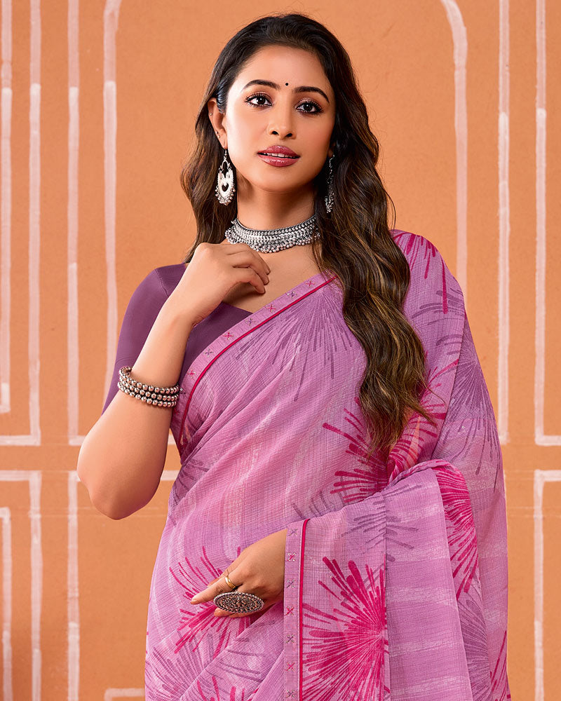 Vishal Prints Cadillac Pink Printed Fancy Chiffon Saree With Fancy Border