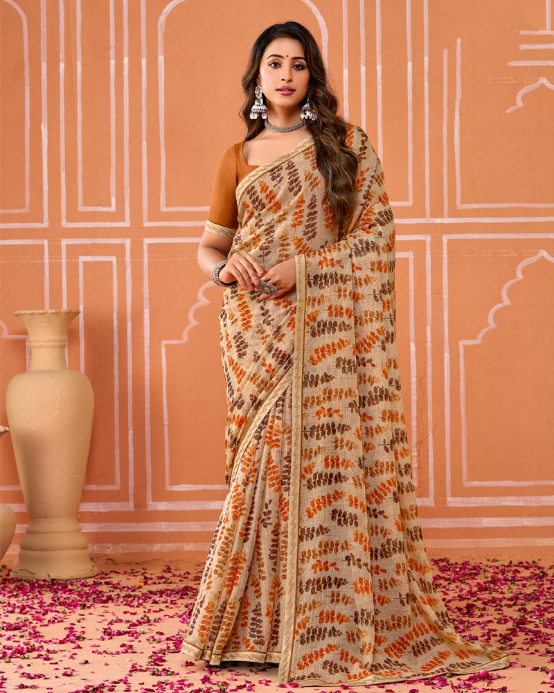 Vishal Prints Light Taupe Printed Fancy Chiffon Saree With Fancy Border
