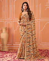 Vishal Prints Light Taupe Printed Fancy Chiffon Saree With Fancy Border