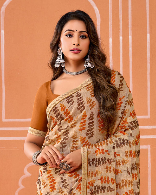 Vishal Prints Light Taupe Printed Fancy Chiffon Saree With Fancy Border
