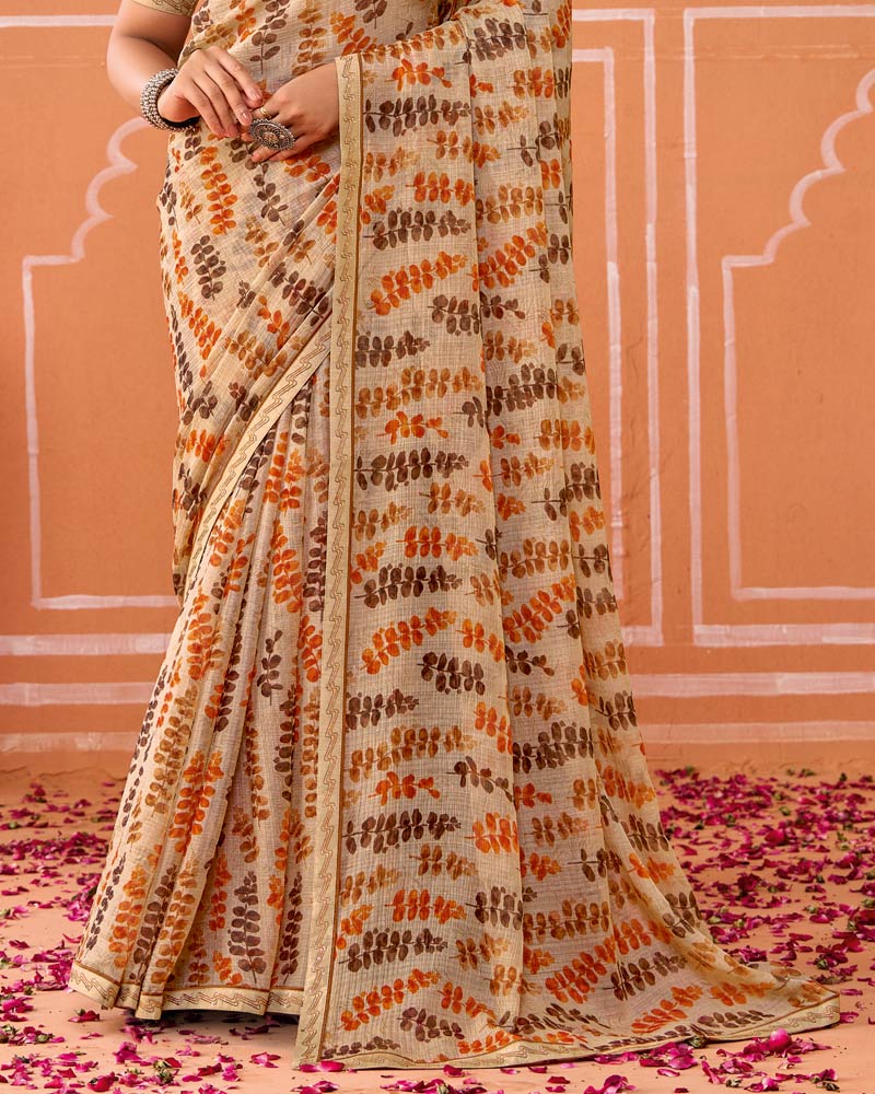 Vishal Prints Light Taupe Printed Fancy Chiffon Saree With Fancy Border