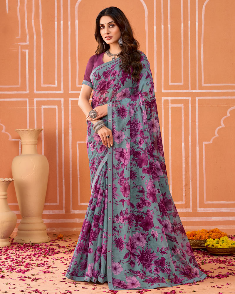 Vishal Prints Bluish Grey And Dark Mauve Printed Fancy Chiffon Saree With Fancy Border