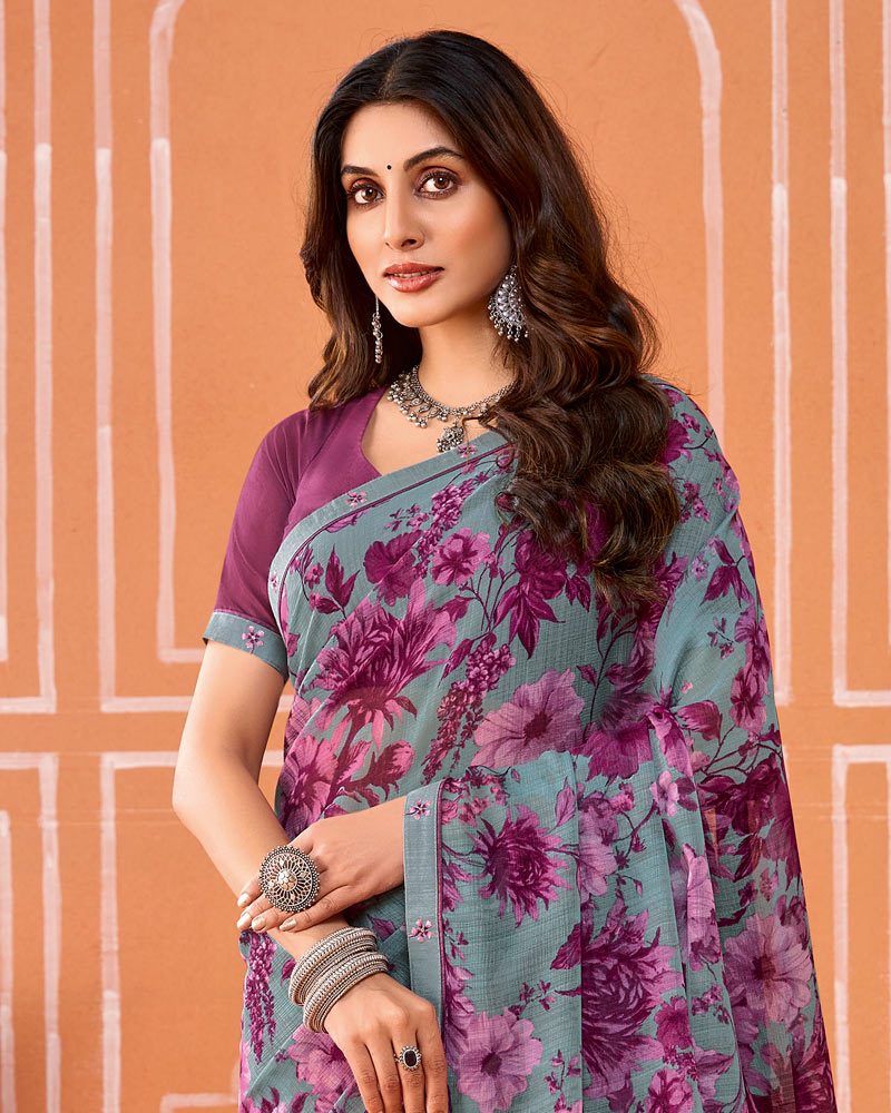 Vishal Prints Bluish Grey And Dark Mauve Printed Fancy Chiffon Saree With Fancy Border