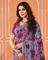 Vishal Prints Bluish Grey And Dark Mauve Printed Fancy Chiffon Saree With Fancy Border