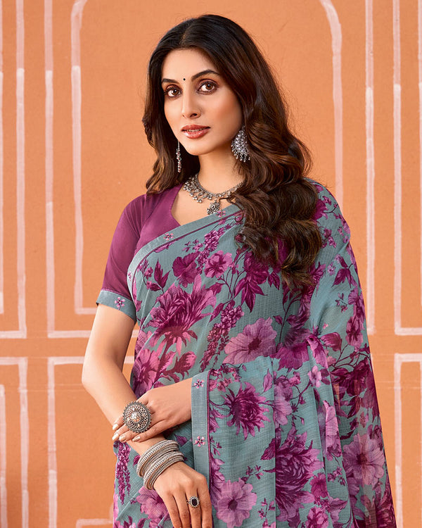 Vishal Prints Bluish Grey And Dark Mauve Printed Fancy Chiffon Saree With Fancy Border