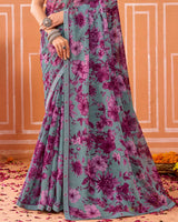 Vishal Prints Bluish Grey And Dark Mauve Printed Fancy Chiffon Saree With Fancy Border
