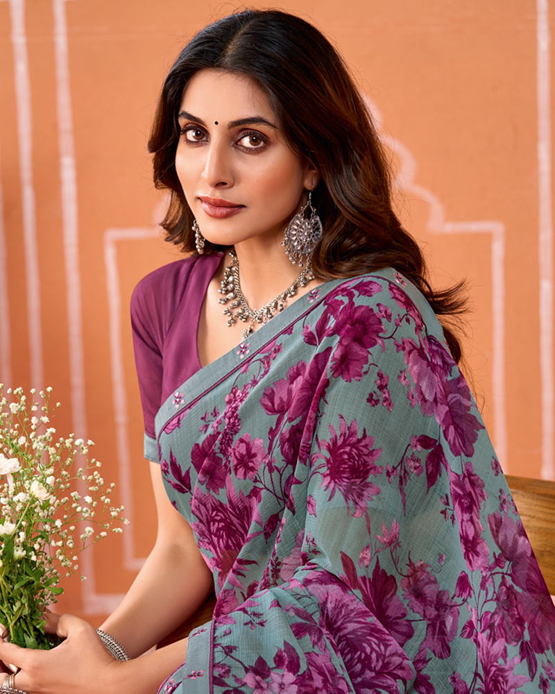 Vishal Prints Bluish Grey And Dark Mauve Printed Fancy Chiffon Saree With Fancy Border