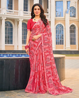Vishal Prints Berry Red And Pink Printed Fancy Chiffon Saree With Fancy Border