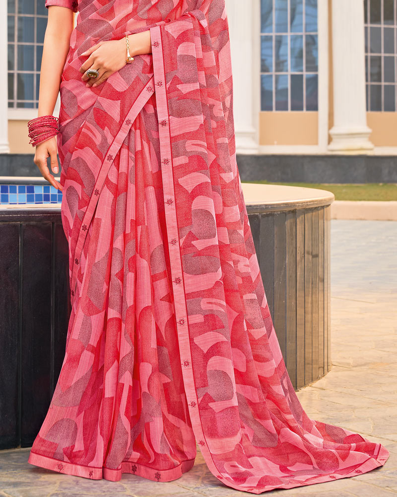Vishal Prints Berry Red And Pink Printed Fancy Chiffon Saree With Fancy Border