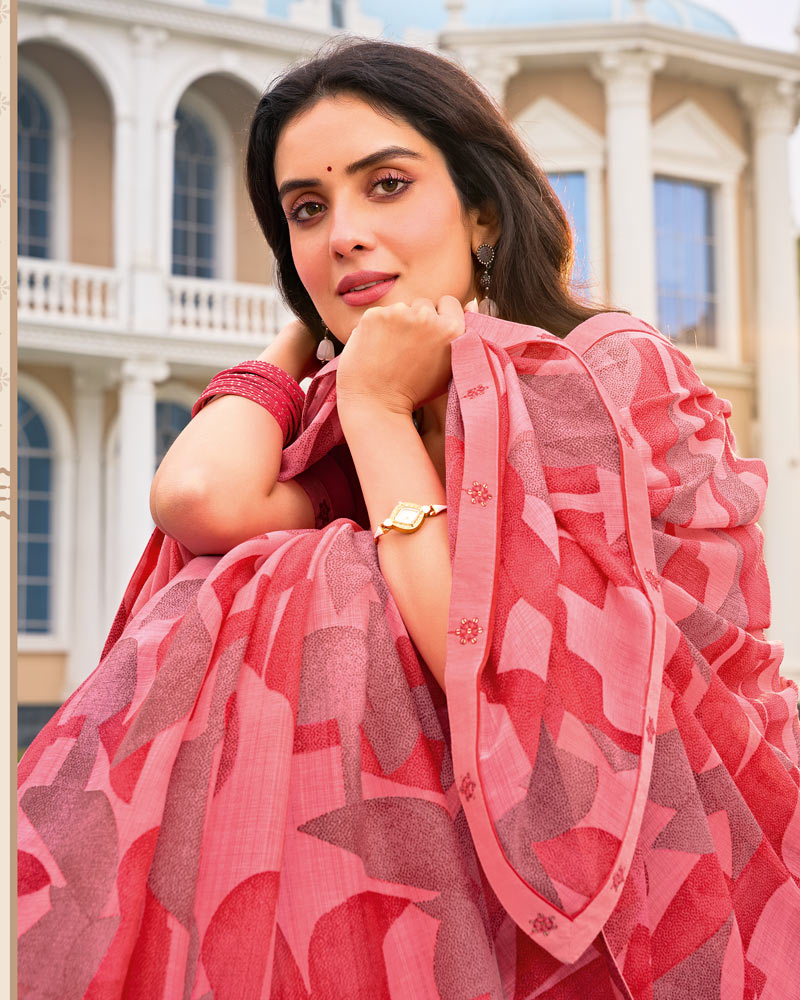Vishal Prints Berry Red And Pink Printed Fancy Chiffon Saree With Fancy Border