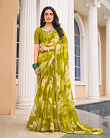 Vishal Prints Olive Green Printed Fancy Chiffon Saree With Fancy Border