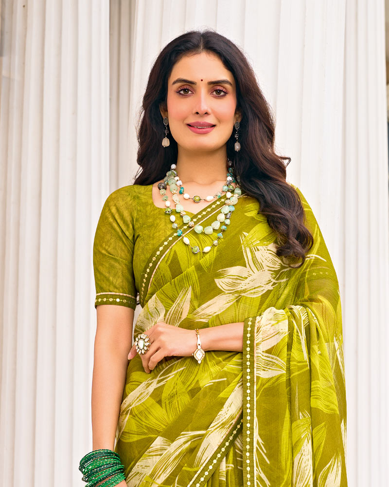 Vishal Prints Olive Green Printed Fancy Chiffon Saree With Fancy Border
