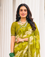 Vishal Prints Olive Green Printed Fancy Chiffon Saree With Fancy Border