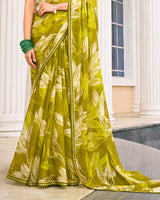 Vishal Prints Olive Green Printed Fancy Chiffon Saree With Fancy Border