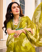 Vishal Prints Olive Green Printed Fancy Chiffon Saree With Fancy Border