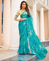 Vishal Prints Teal Blue Printed Fancy Chiffon Saree With Fancy Border