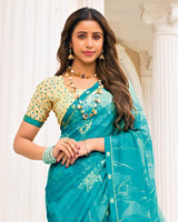 Vishal Prints Teal Blue Printed Fancy Chiffon Saree With Fancy Border