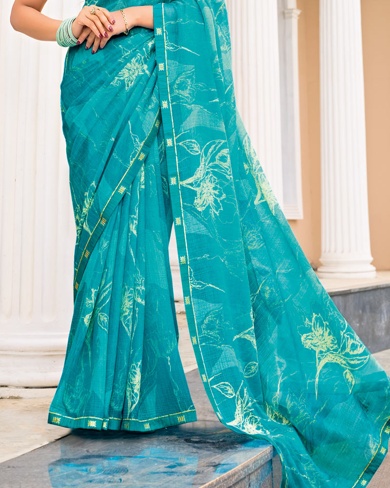 Vishal Prints Teal Blue Printed Fancy Chiffon Saree With Fancy Border