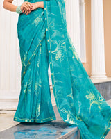 Vishal Prints Teal Blue Printed Fancy Chiffon Saree With Fancy Border