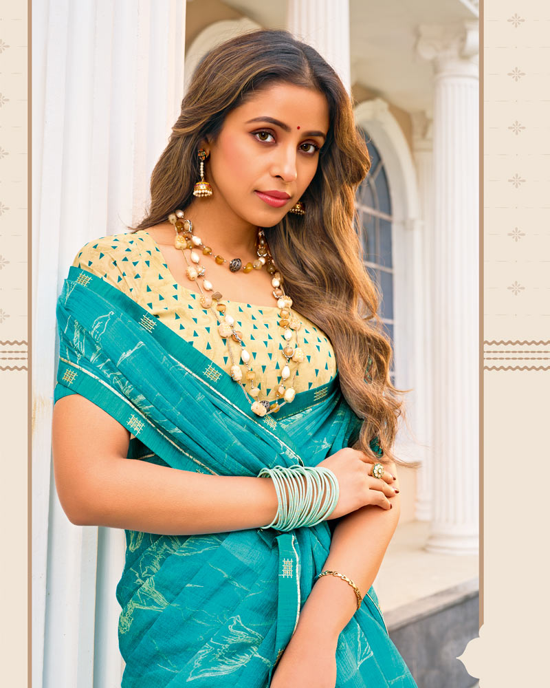 Vishal Prints Teal Blue Printed Fancy Chiffon Saree With Fancy Border