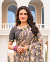 Vishal Prints Charcoal Grey And Tan Printed Fancy Chiffon Saree With Fancy Border