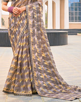 Vishal Prints Charcoal Grey And Tan Printed Fancy Chiffon Saree With Fancy Border