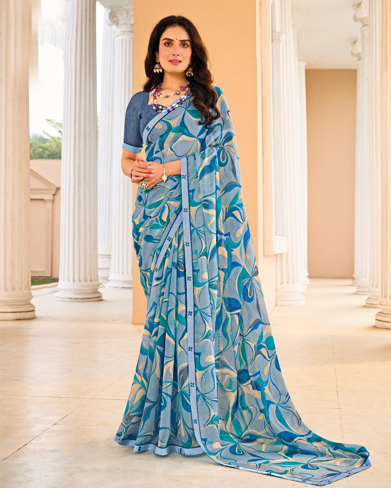 Vishal Prints Dusty Blue Printed Fancy Chiffon Saree With Fancy Border