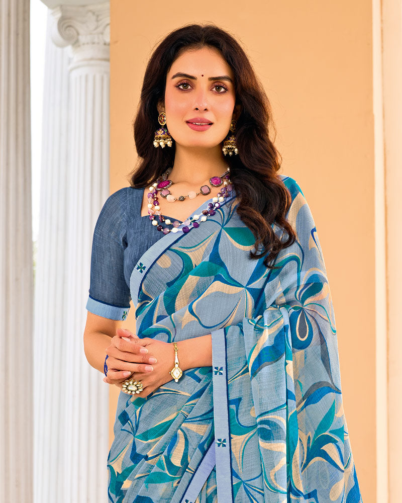 Vishal Prints Dusty Blue Printed Fancy Chiffon Saree With Fancy Border