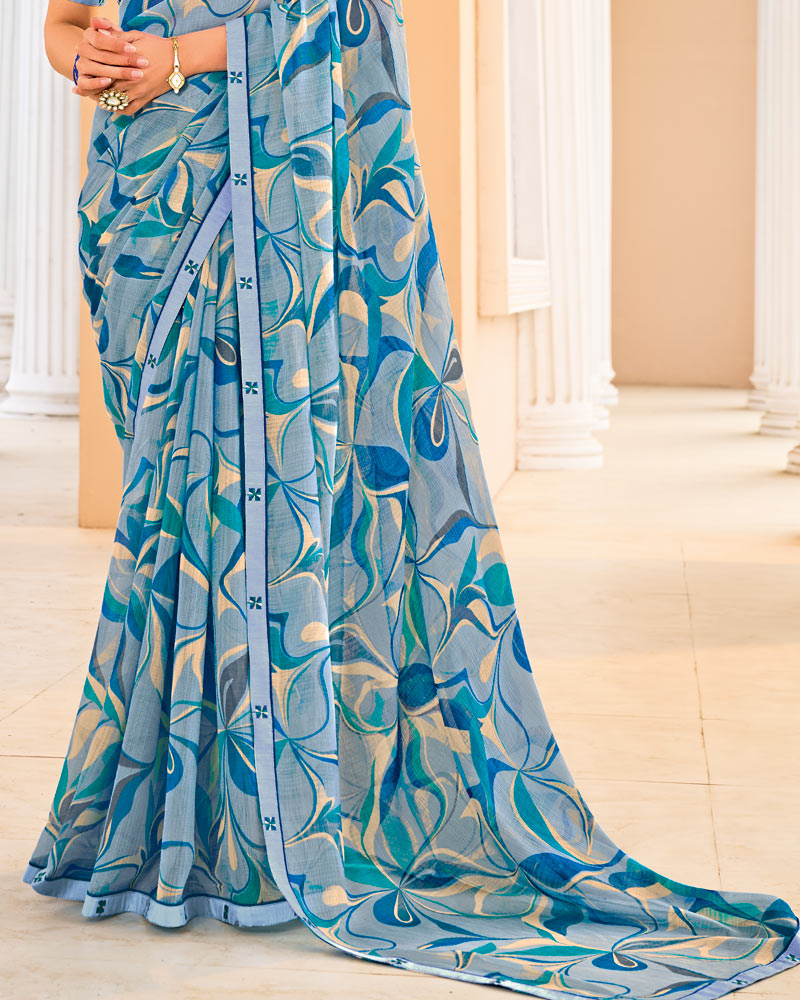 Vishal Prints Dusty Blue Printed Fancy Chiffon Saree With Fancy Border