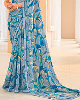 Vishal Prints Dusty Blue Printed Fancy Chiffon Saree With Fancy Border