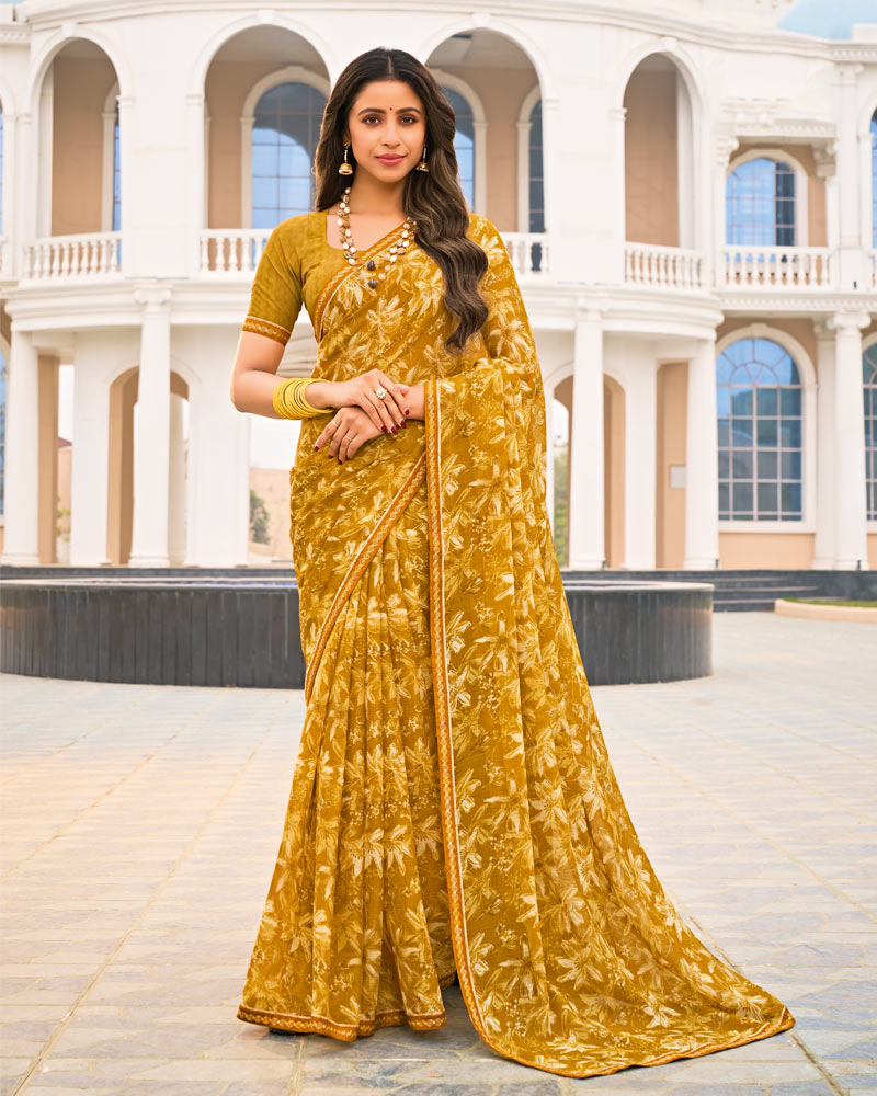 Vishal Prints Mustard Gold Printed Fancy Chiffon Saree With Fancy Border