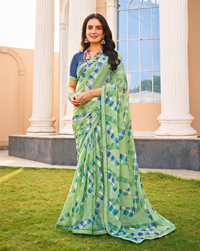 Vishal Prints Mint Green Printed Fancy Chiffon Saree With Fancy Border