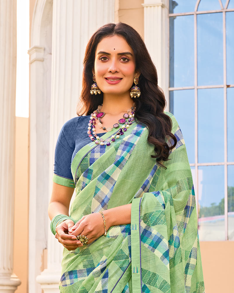 Vishal Prints Mint Green Printed Fancy Chiffon Saree With Fancy Border
