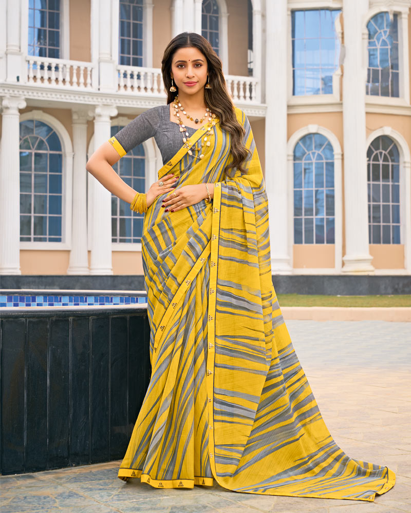 Vishal Prints Bright Yellow And Grey Printed Fancy Chiffon Saree With Fancy Border