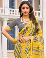 Vishal Prints Bright Yellow And Grey Printed Fancy Chiffon Saree With Fancy Border