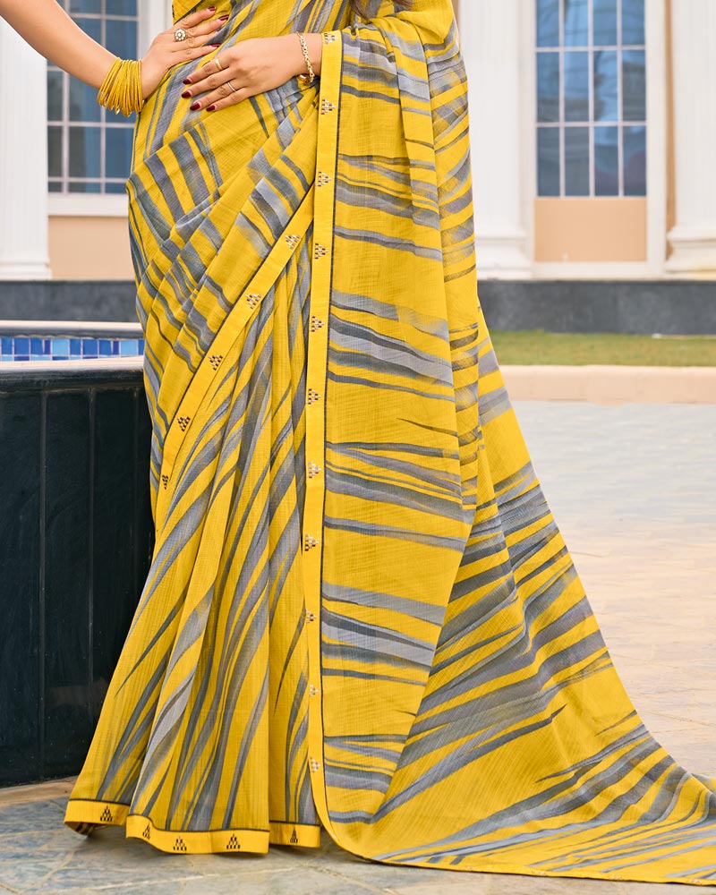 Vishal Prints Bright Yellow And Grey Printed Fancy Chiffon Saree With Fancy Border