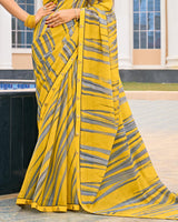 Vishal Prints Bright Yellow And Grey Printed Fancy Chiffon Saree With Fancy Border