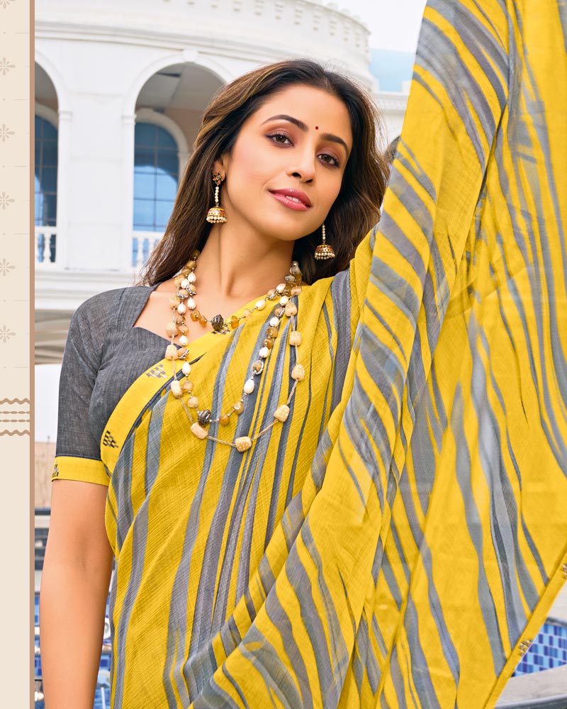 Vishal Prints Bright Yellow And Grey Printed Fancy Chiffon Saree With Fancy Border