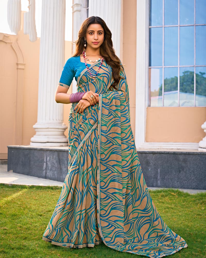 Vishal Prints Sandy Beige And Teal Printed Fancy Chiffon Saree With Fancy Border