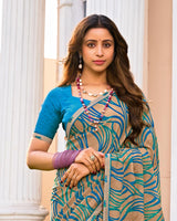 Vishal Prints Sandy Beige And Teal Printed Fancy Chiffon Saree With Fancy Border
