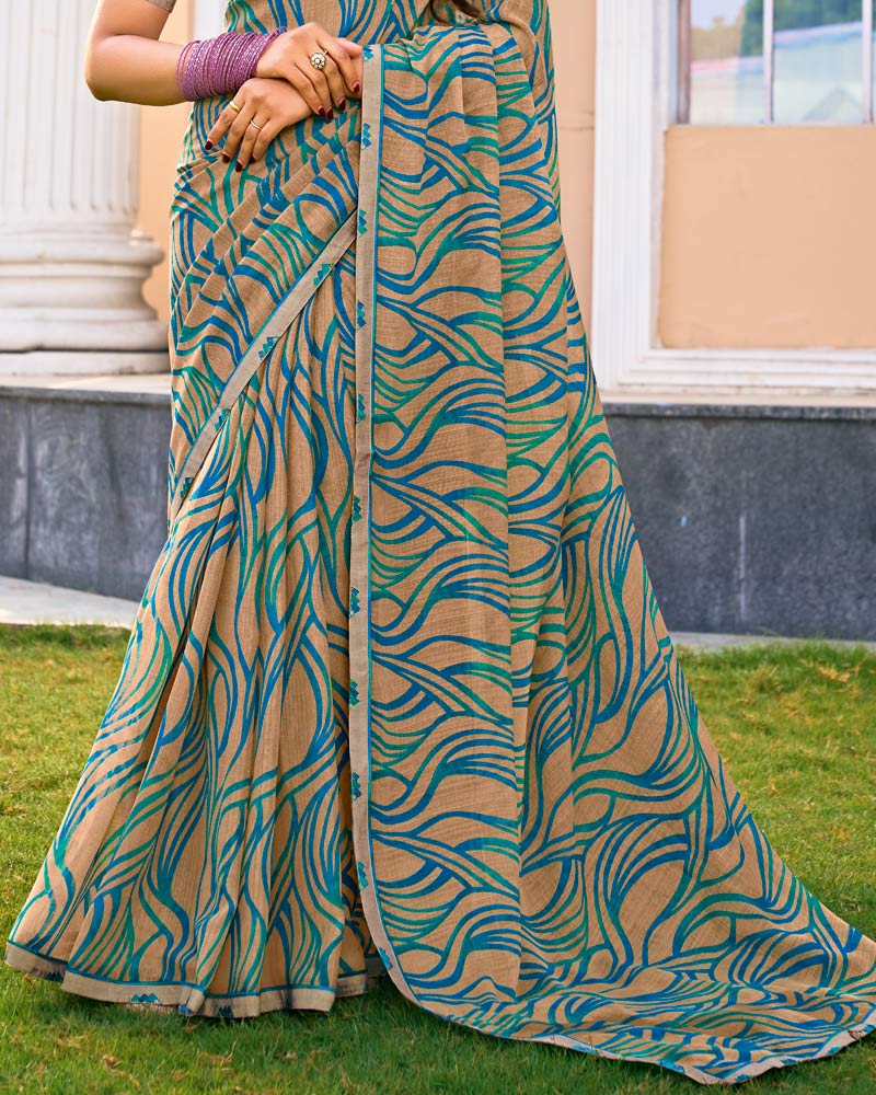 Vishal Prints Sandy Beige And Teal Printed Fancy Chiffon Saree With Fancy Border