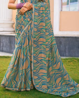 Vishal Prints Sandy Beige And Teal Printed Fancy Chiffon Saree With Fancy Border