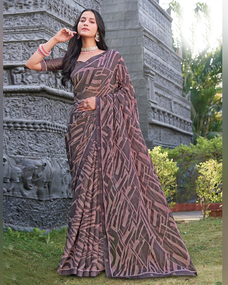 Vishal Prints Purplish Grey Printed Chiffon Saree With Fancy Border