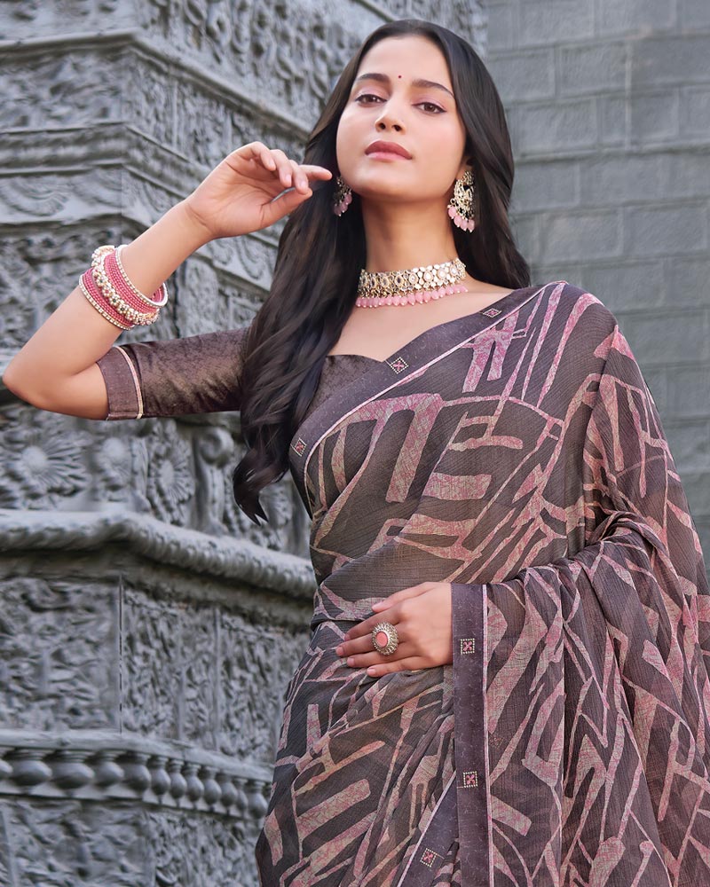 Vishal Prints Purplish Grey Printed Chiffon Saree With Fancy Border