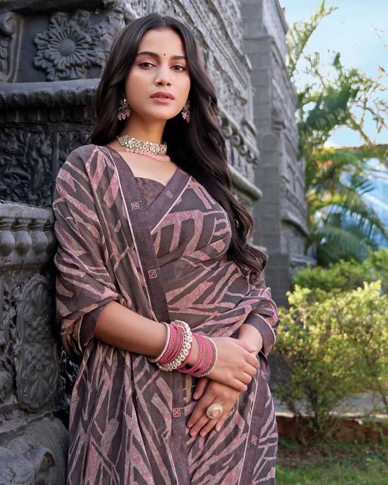 Vishal Prints Purplish Grey Printed Chiffon Saree With Fancy Border