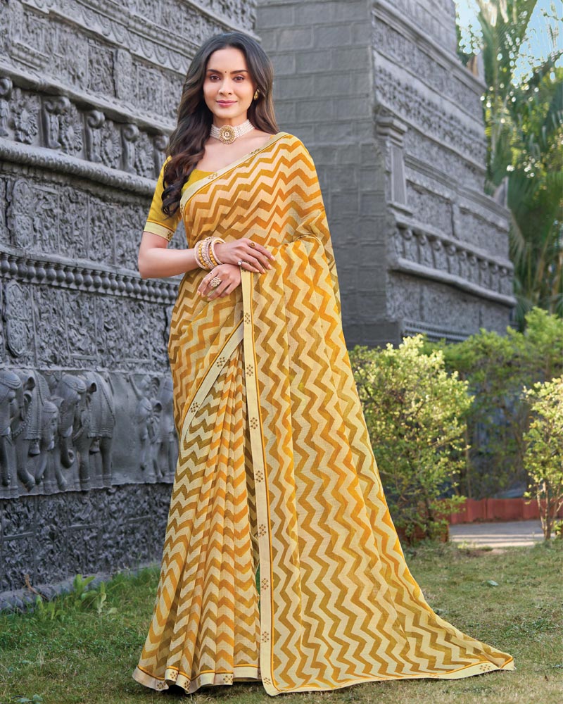 Vishal Prints Yellow Ochre Printed Chiffon Saree With Fancy Border